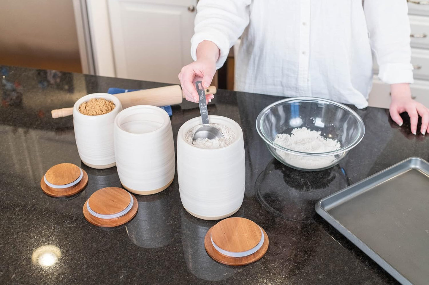 Nat & Jules Lidded Cream 6 inch Ceramic and Wood Kitchen Canisters Set of 3