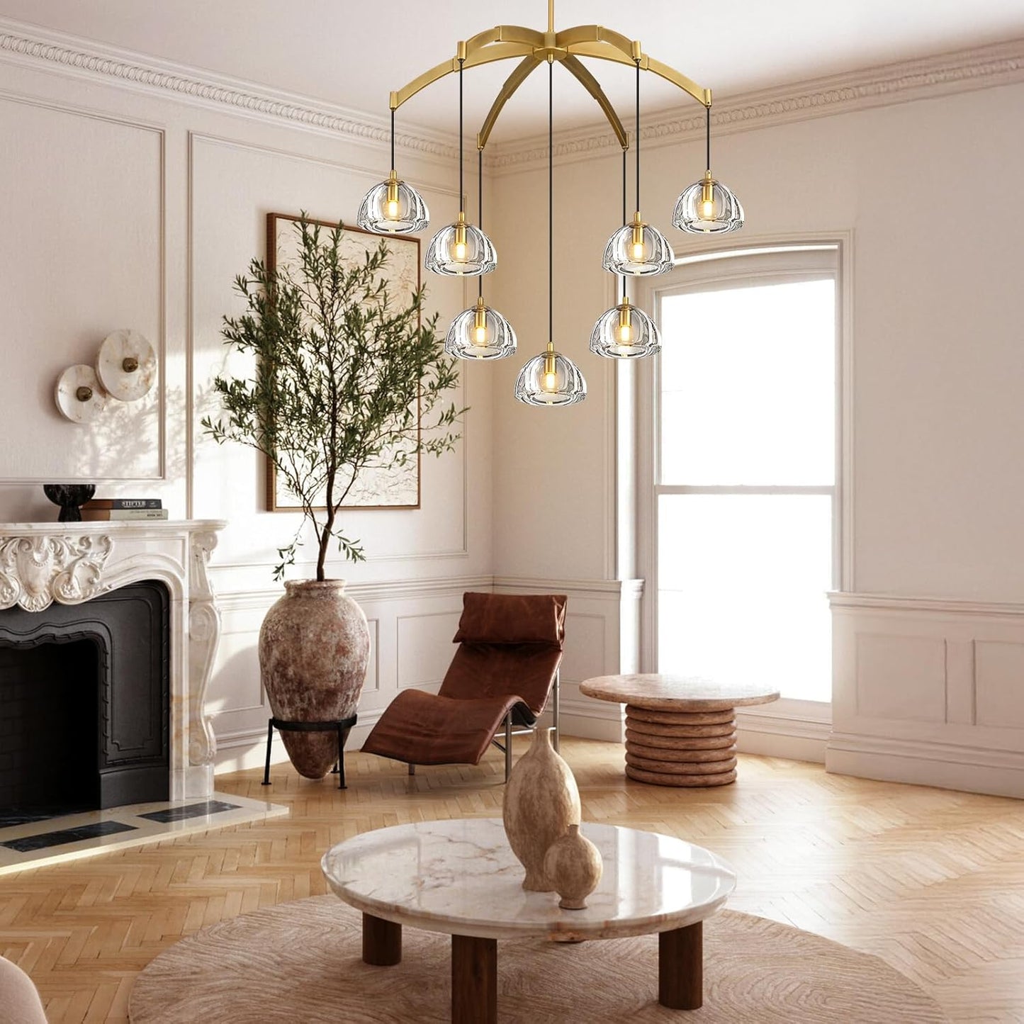 Modern Gold Chandelier, 34 inch Crystal Chandeliers for Dining Room (7-Light), Elegant Decoration Light for Living Room, Foyer Brass Chandeliers