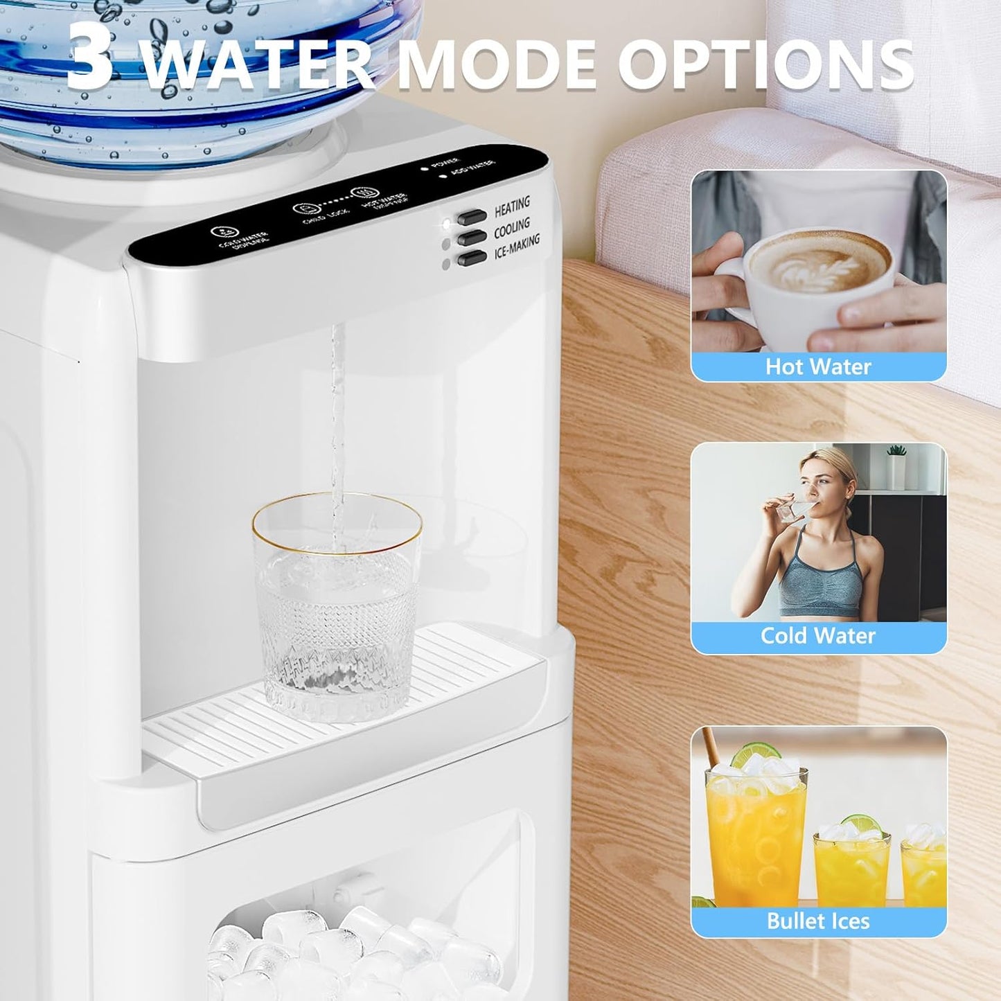 COWSAR 3-in-1 Water Cooler with Ice Maker, Hot & Cold Top Loading, Water Dispenser for 5 Gallon Bottle, 33LBS/24H Ice Maker with Child Safety Lock, White