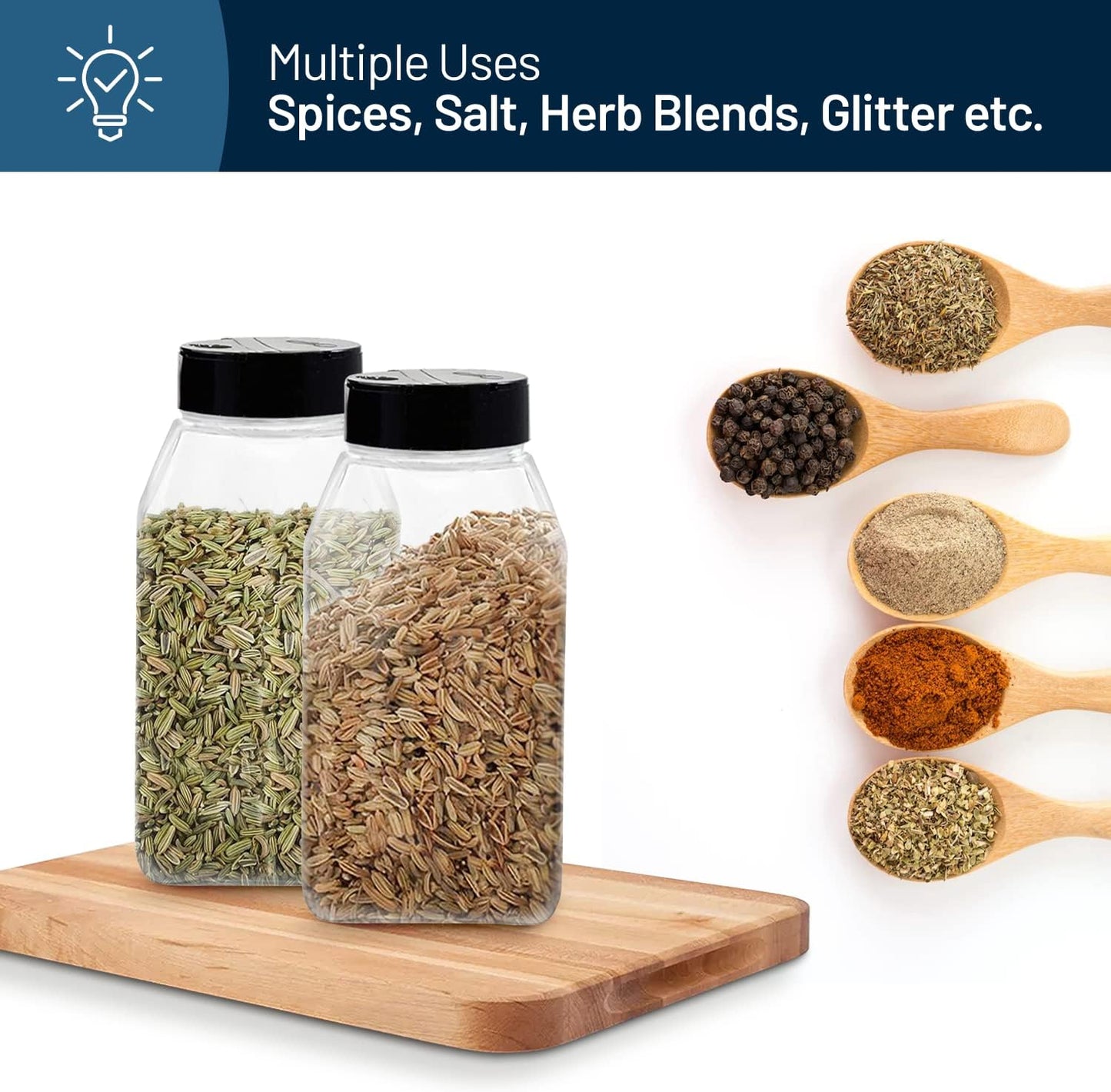 ROYALHOUSE 6 PACK 32 Oz with Black Cap, Plastic Spice Jars Bottles Containers, Perfect for Storing Spice, Herbs and Powders, Lined Cap, Safe Plastic, PET, BPA free, Made in the USA