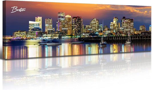 DJSYLIFE Boston Skyline Wall Art Canvas Prints Colorful USA City Night Pictures Modern Panoramic Cityscape Posters Paintings for Bedroom Office Decor, Ready to Hang 13.8"x45.3"
