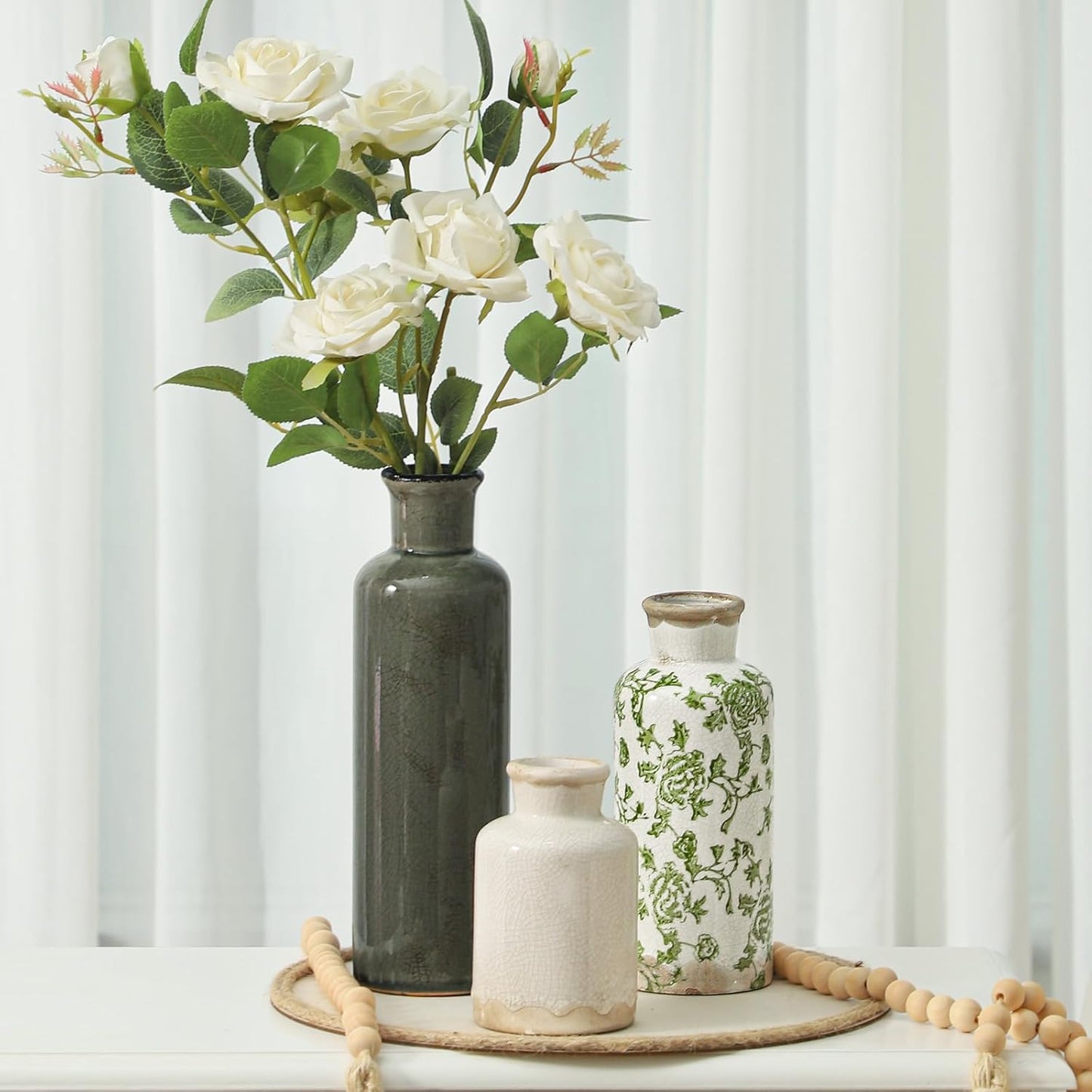 Vintage Vase Set of 3, Ceramic Vintage Flower Vases, Chinoiserie Decorative Home Decor Retro Floral Vase Rustic Farmhouse Decor for Table Bookshelf Mantel Kitchen Living Room Office - Green and Beige