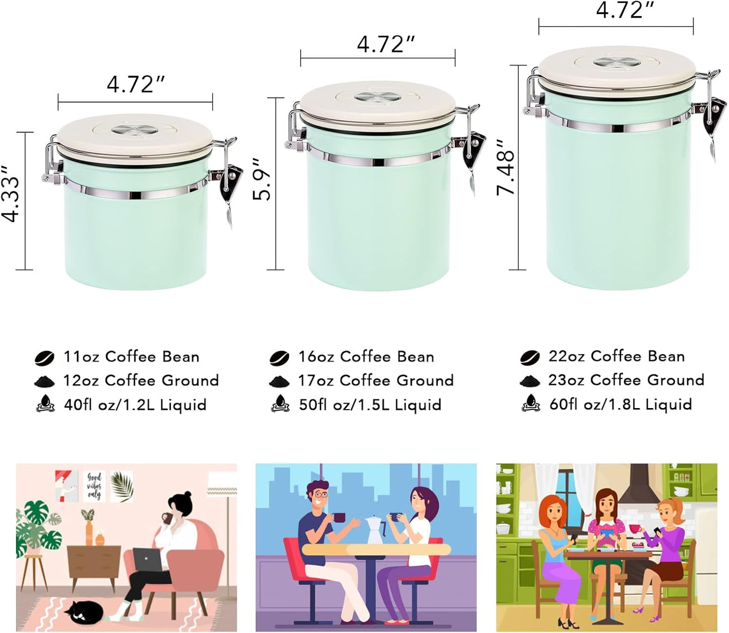 ShanSon Coffee Canister Airtight Coffee Container Stainless Steel Coffee Bean Storage Container with CO2 Release Valve and Scoop Coffee Canister for Beans,Grounds,Sugar,Flour,Tea,Cereal,22OZ,Green