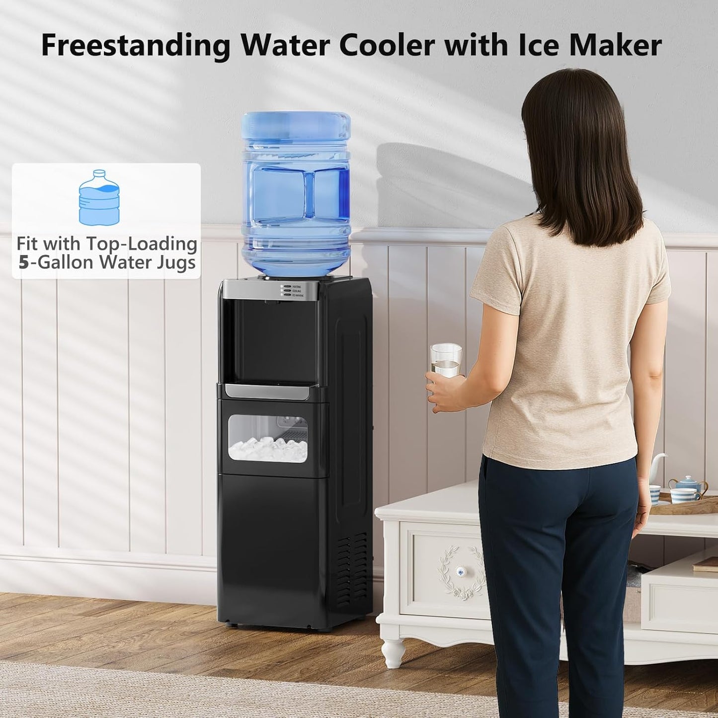 Water Dispenser with Ice Maker Function, Top Loading Hot and Cold Water Cooler for 5 Gallon Bottle - Includes Child Safety Lock - Water Machine for Home, Office, Garage - Black