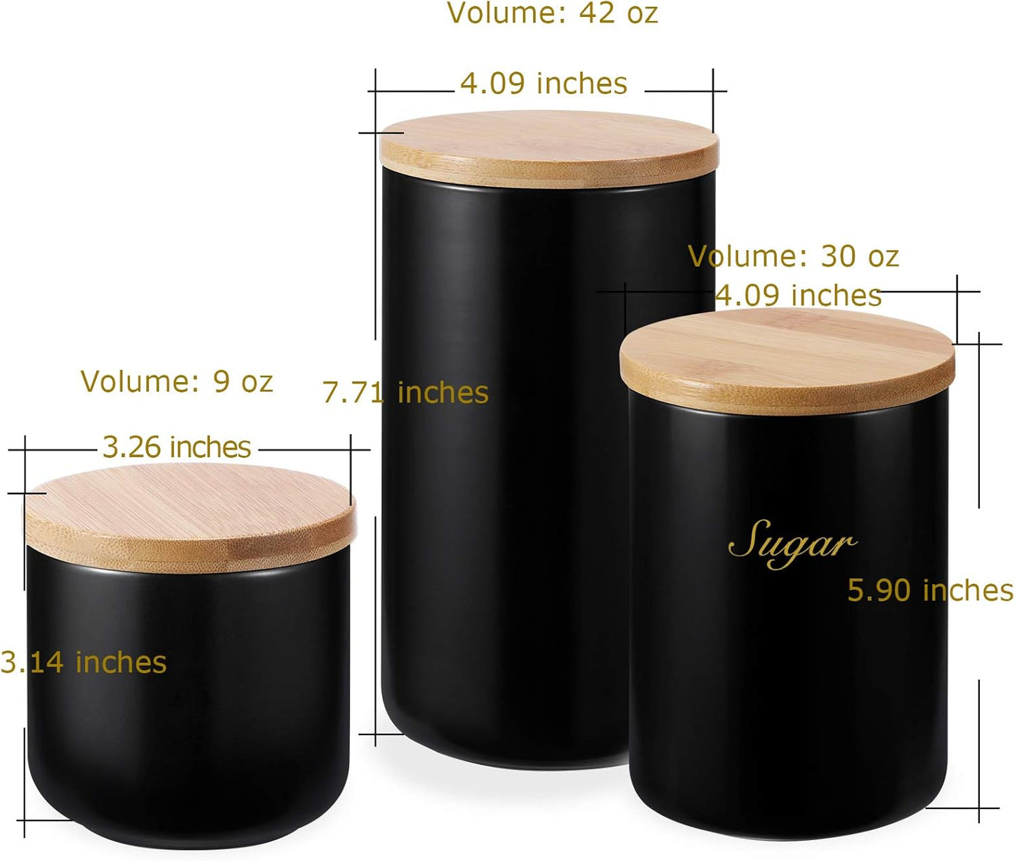 Yangbaga Black Canisters Sets for Kitchen-Set of 3 Coffee Canisters for Countertop with Airtight Wood Lids/Spoons/Stickers, Ceramic Food Storage Containers for Large Suger,Coffee,Tea (42/30/9OZ)