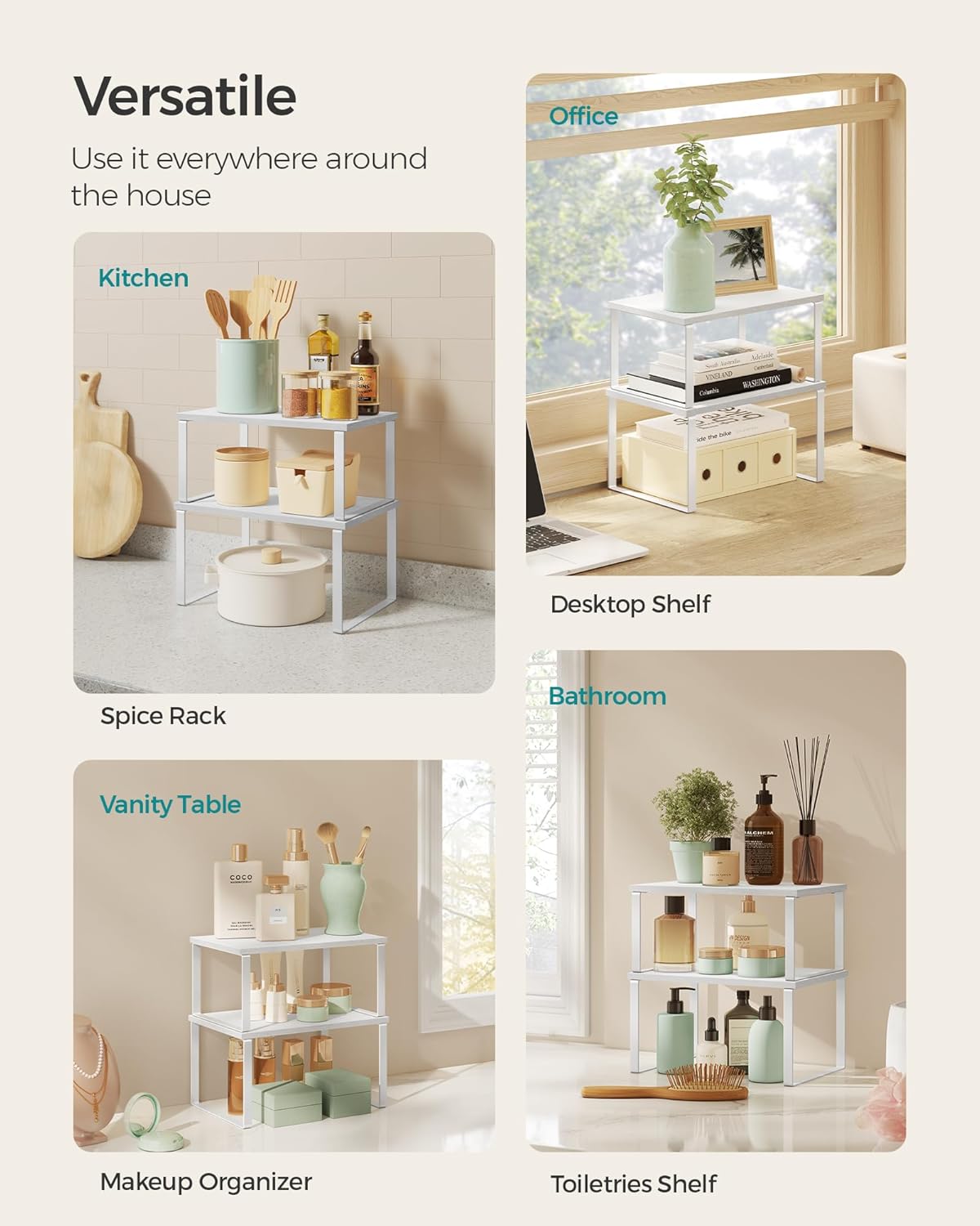 SONGMICS Cabinet Organizer Shelf, Set of 2 Kitchen Counter Shelves, Kitchen Storage, Spice Rack, Stackable, Expandable, Metal and Engineered Wood, Cloud White and Snow White UKCS02W01