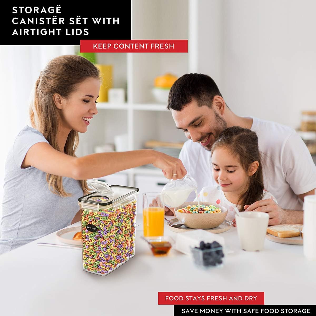 DWËLLZA KITCHEN Cereal Containers Storage 4 Pack 135 fl. oz Cereal Dispenser Airtight Food Storage Containers BPA-Free Pantry Organization and Storage, Canister for Flour & Sugar 1 Marker 8 Labels