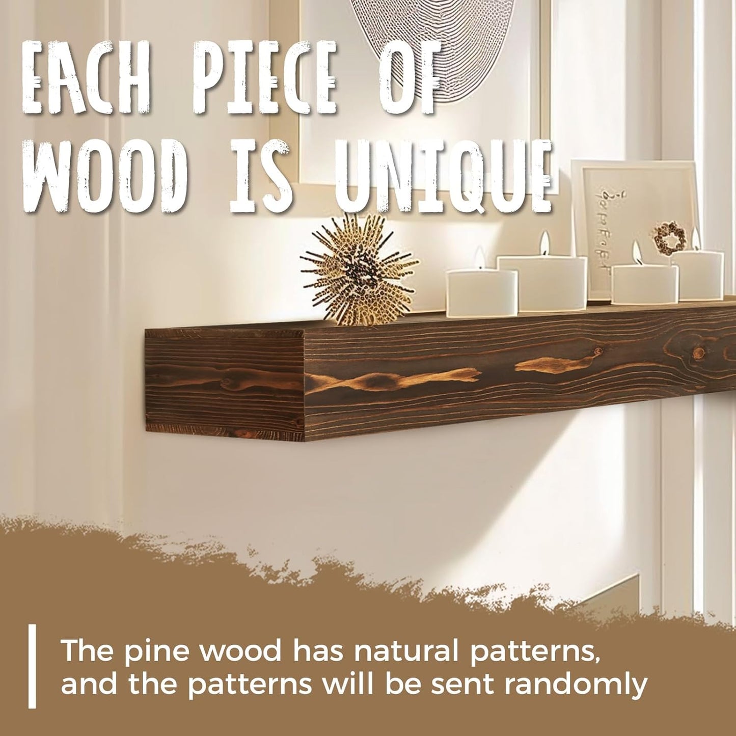 60x8x3 Fireplace Mantel - Handcrafted Hollow Rustic Solid Wood Wall Mounted Floating Shelf with Invisible Heavy Duty Wood Bracket (Weathered Brown)