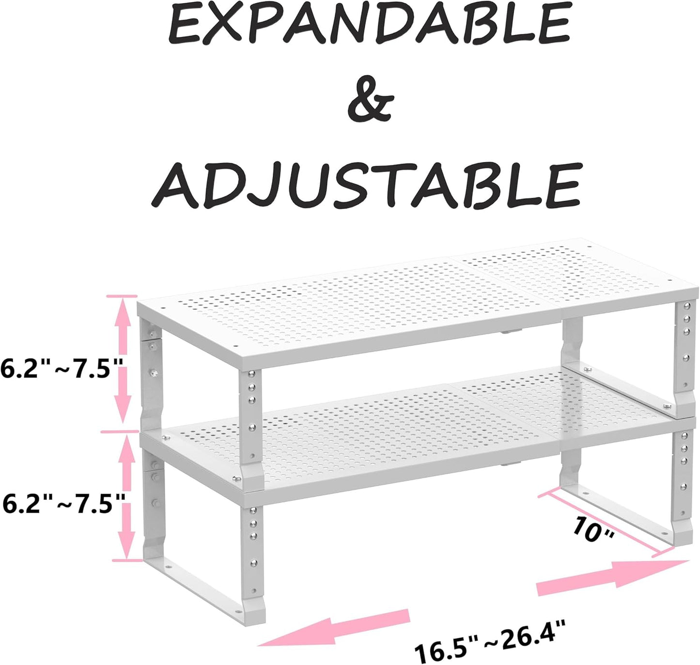 Metal Stackable Expandable Storage Shelf - Multi-Functional Home Storage Shelf, Suitable for Kitchen, Cabinet，Bathroom, Office, Garage, etc.（2PACKS/White/Large