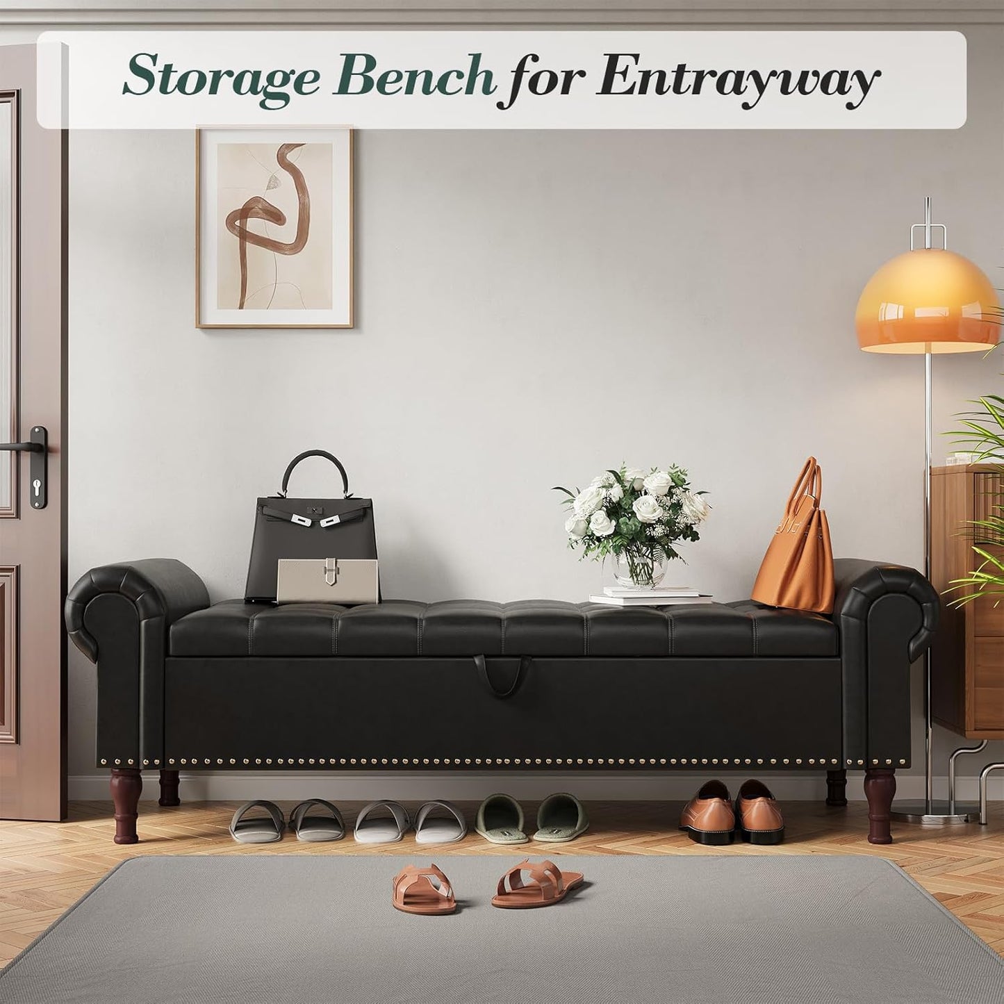 Apicizon 60”Storage Benches, Queen Size Faux Leather Bed Bench with Tufted Button, Upholstered Bench with Rolled Arm and Vintage Rivets for Foot of Bed, Living Room, Entrance，Black