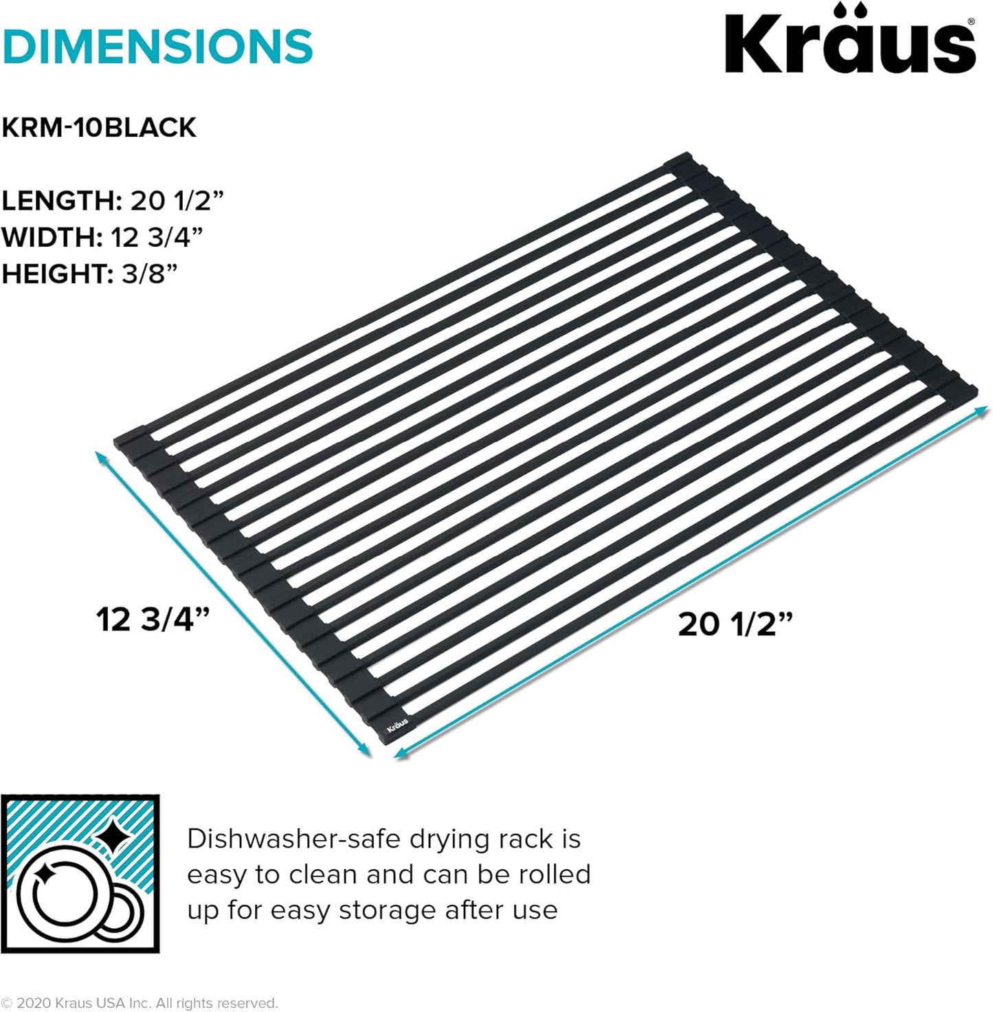 Kraus Roll Up Dish Drying Rack with Self-Draining Silicone Dish Drying Mat and Silicone Soap Dish Holder in Dark Grey, KDM-KRM-10DG