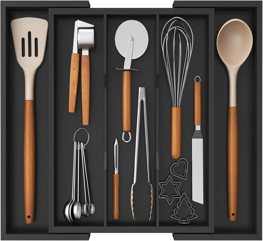 Lifewit Utensil Organizer for Kitchen Drawer, Expandable Cooking Utensil Tray, Bamboo Cutlery Silverware Flatware Holder, Adjustable Spatula Tools and Gadgets Storage Divider, Large, Black