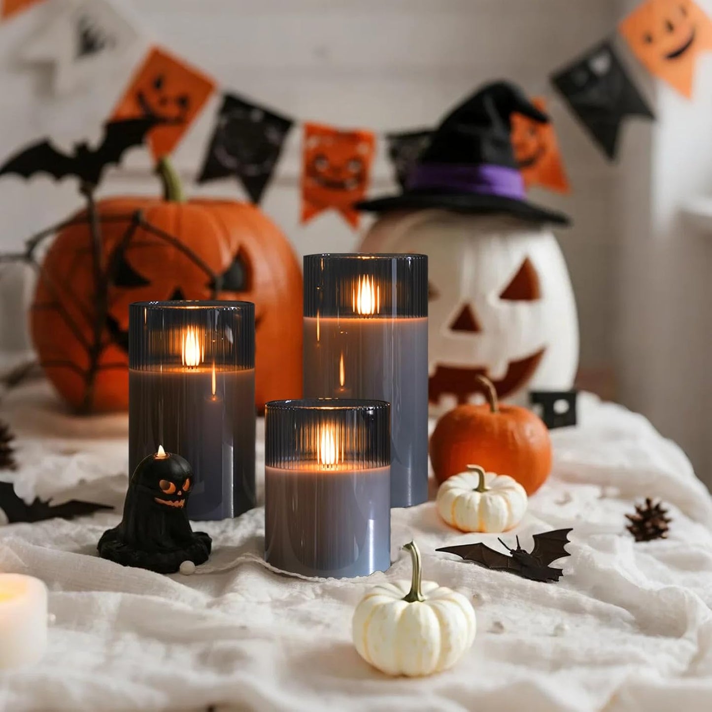 Amagic Grey Flameless Candles with Remote, Battery Operated Candles with Timer, Ribbed Glass LED Pillar Candles with Flickering Flame for Spooky Halloween Party Decor, Real Wax, Set of 3