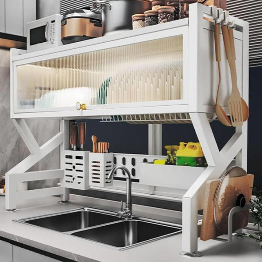 Kitchen sink rack dishwashing sink countertop dustproof cupboard storage multifunctional tableware storage drain rack double layer,KeepKitchen Sink Shlef Organized Space-Saving(White,105cm/41.3in)
