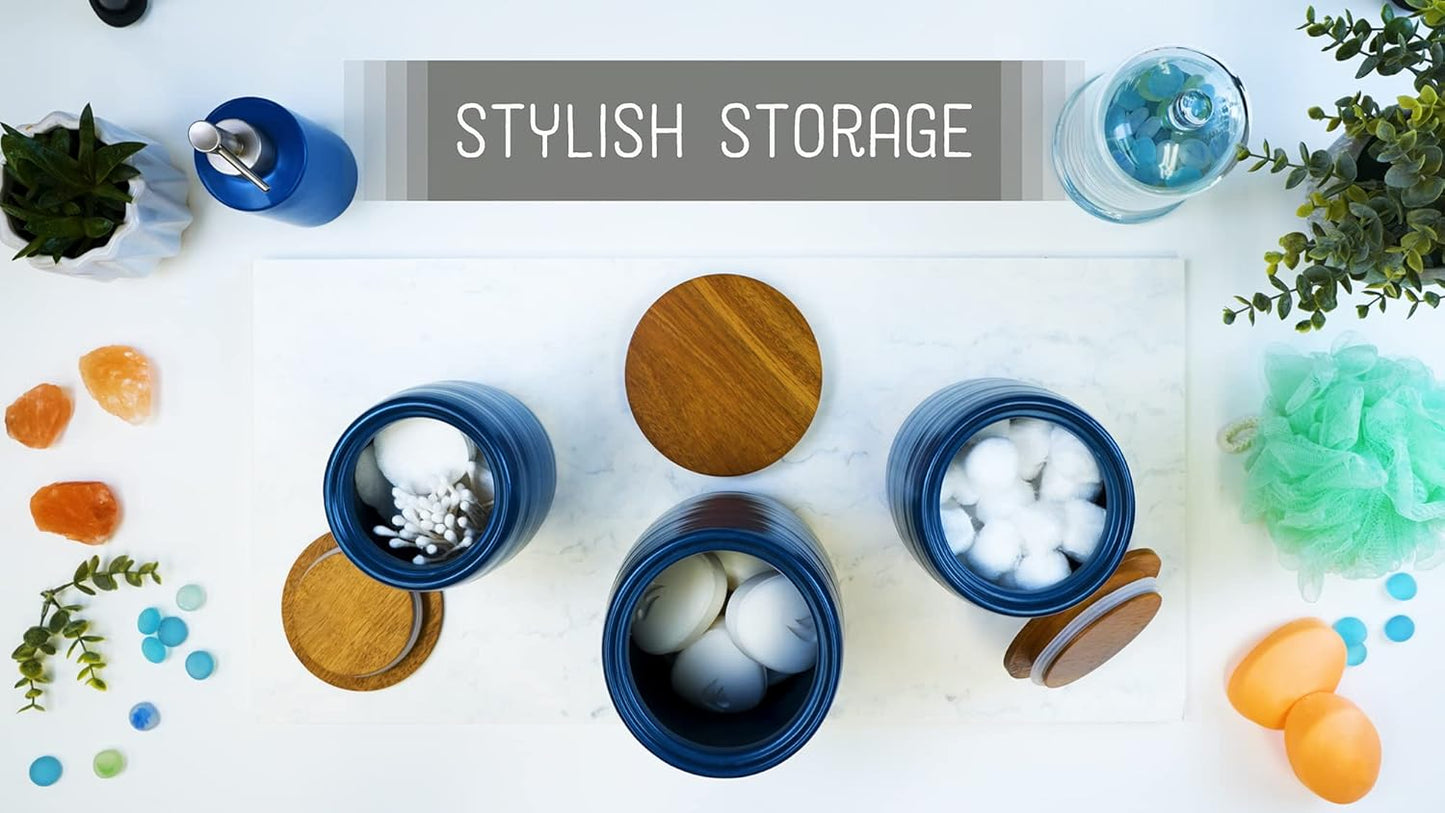 Nat & Jules Lidded Navy Blue 6 inch Ceramic and Wood Kitchen Canisters Set of 3