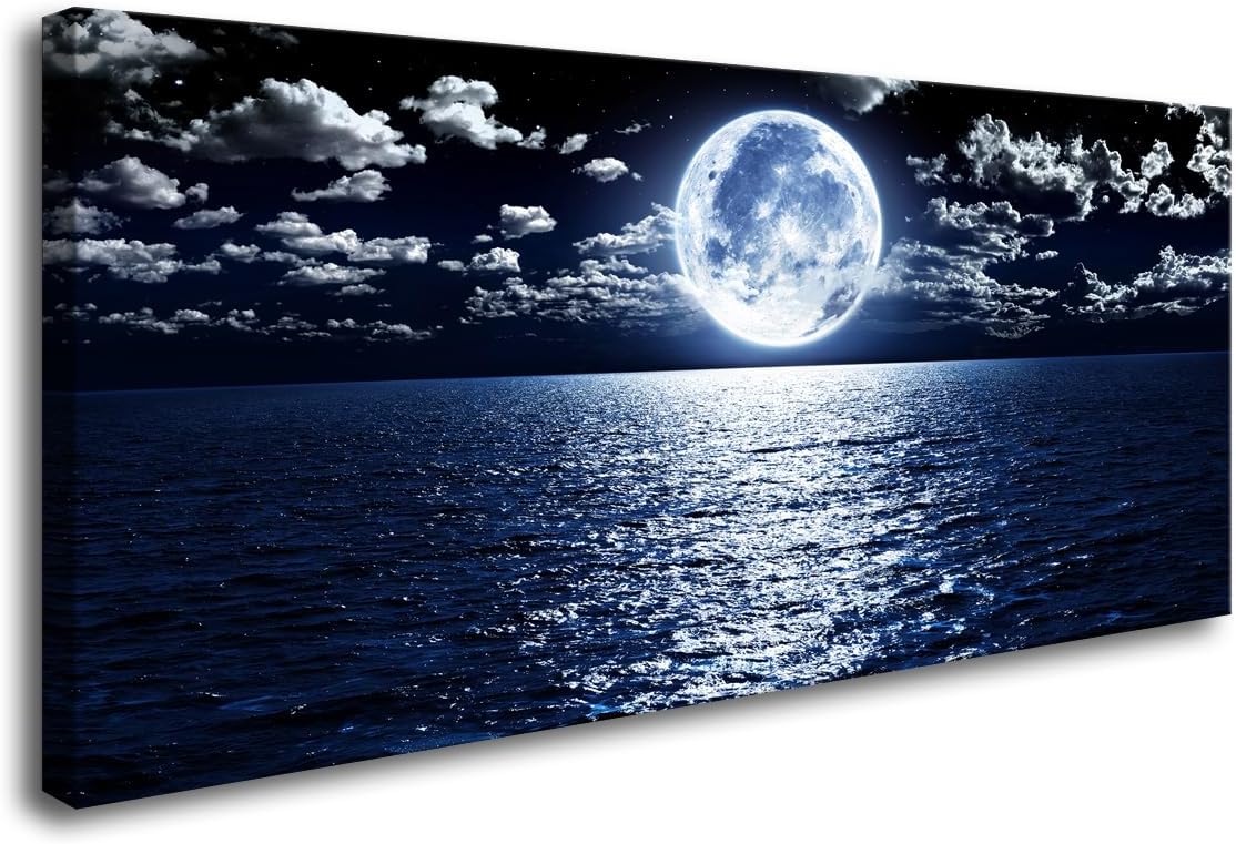 Cao Gen Decor Art S06962 Wall Art Canvas Prints Moon Sea Ocean Landscape 1 Panels Full Moon in Cloud Pictures Paintings Stretched and Framed for Living Room Bedroom Kicthen Office Artwork 24x48inch