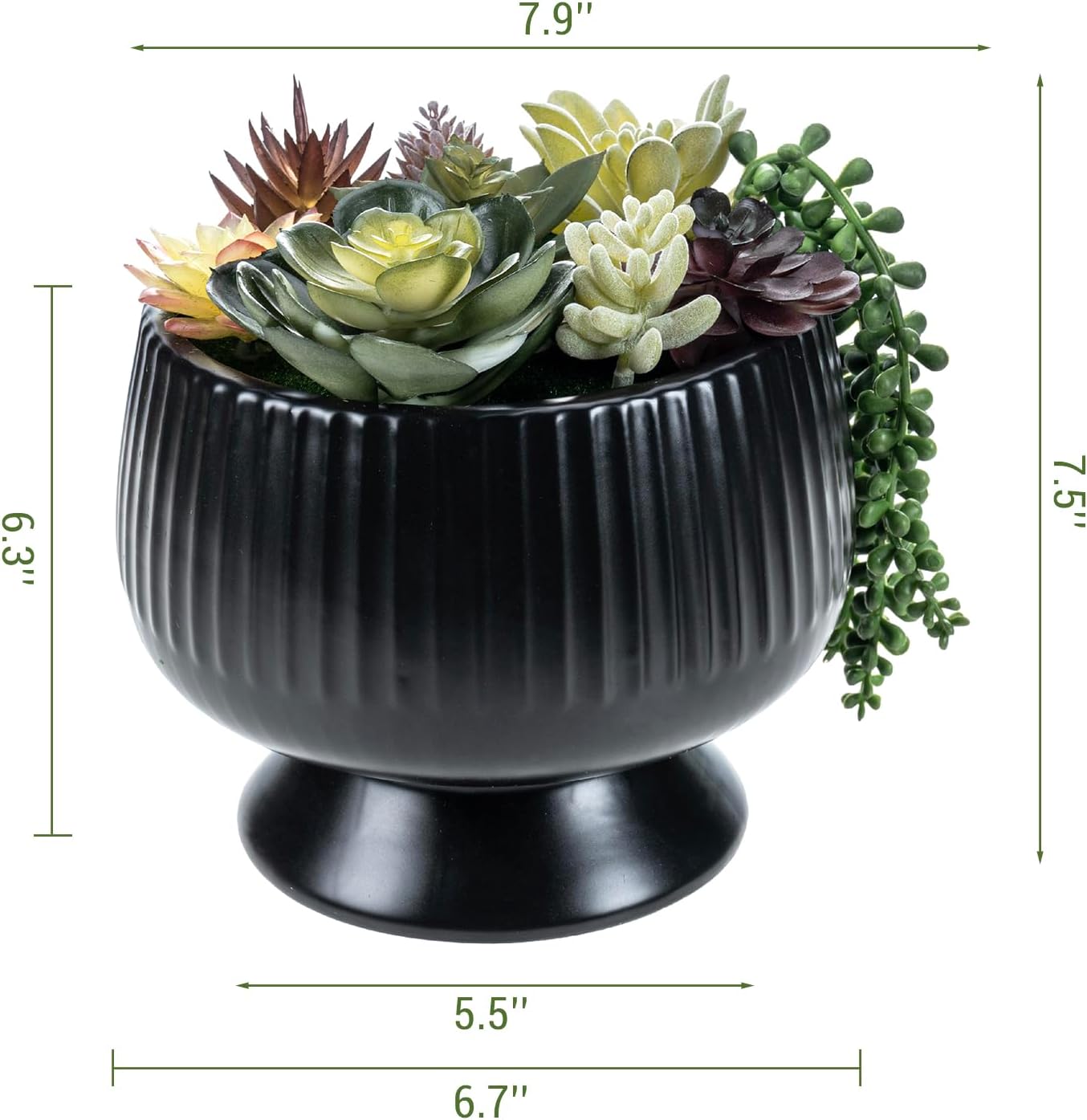 MyGift 8 Inch Modern Green Artificial Succulent Arrangement Potted in Matte Black Fluted Ceramic Round Planter, Decorative Plant Pot with Assorted Faux Mini Succulents