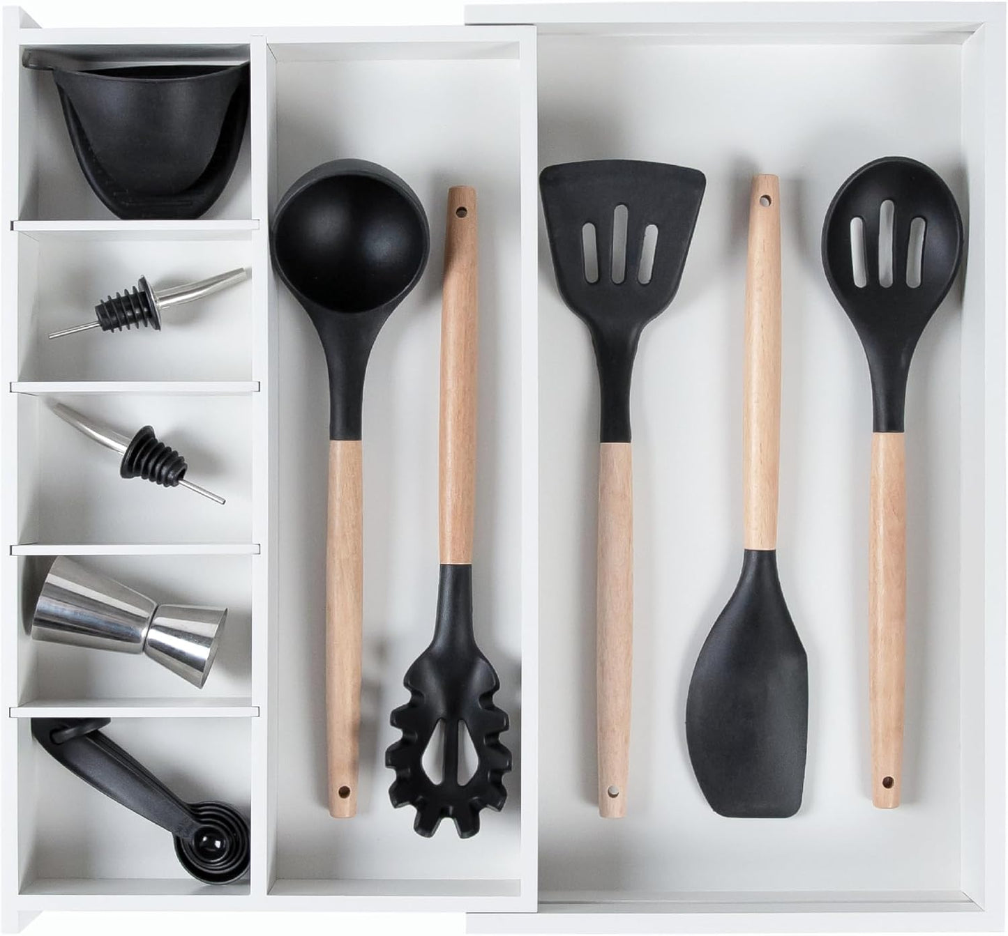 Adjustable Kitchen Drawer Organizer for Utensils and Junk, Food-Safe Contract Grade with 100% Sustainable Wood, Expandable from 10.5 to 19 Inches Wide - White Bamboo