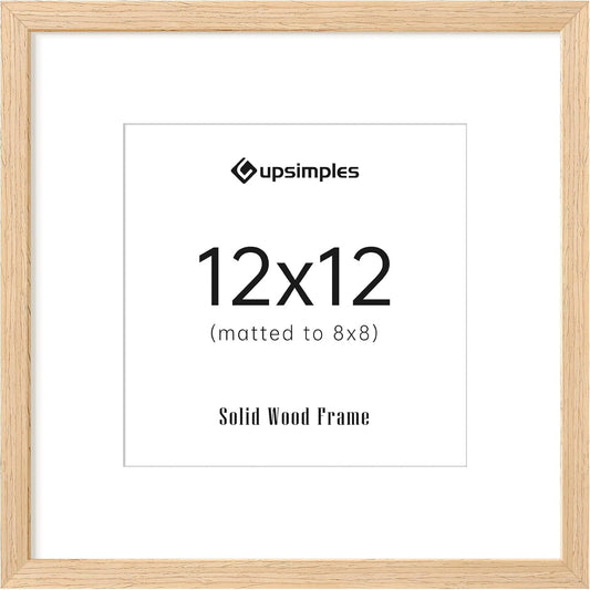 upsimples 12x12 Frame, Natural Solid Wooden Picture Frames, Display 8x8 with Mat or 12 x 12 Without Mat, Wall or Tabletop, 1 Pack, Natural
