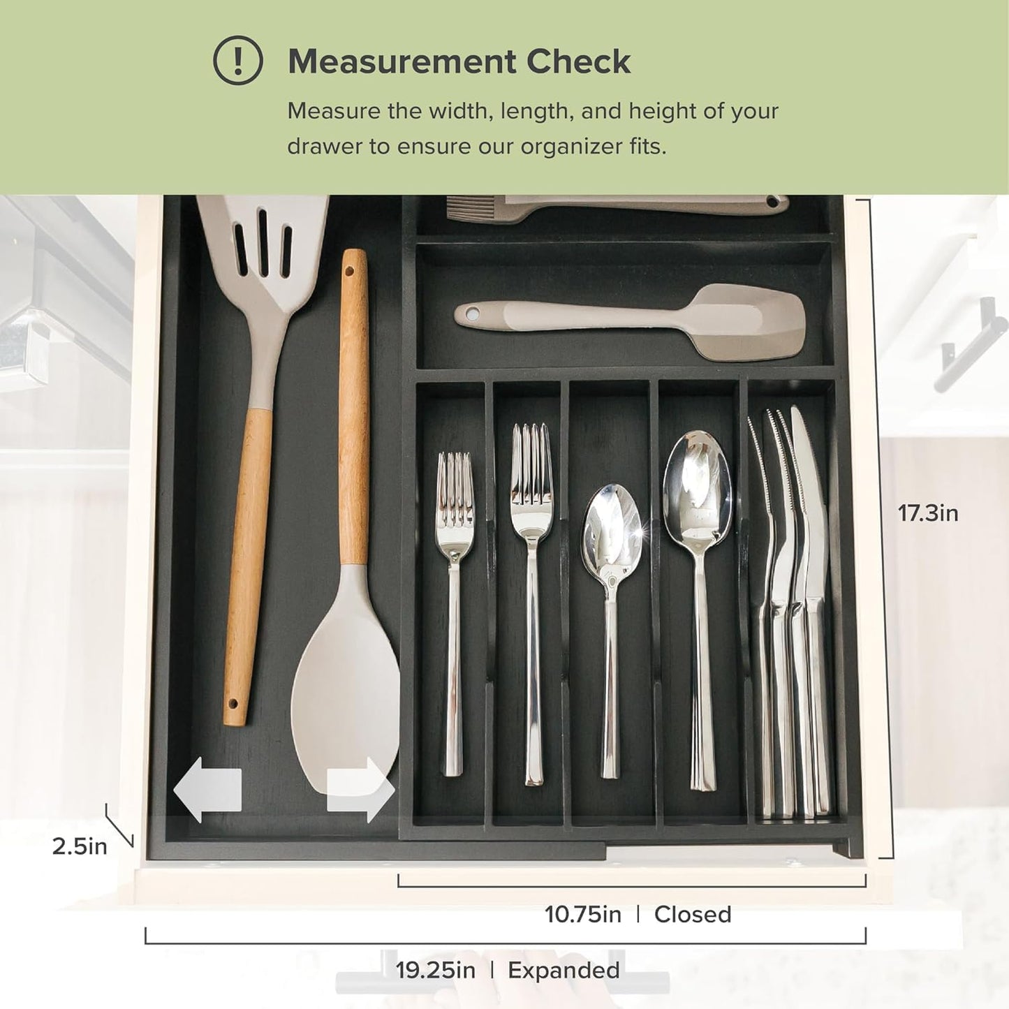 Premium Silverware, Flatware and Utensil Organizer for Kitchen Drawers, Food-Safe Contract Grade, Expandable from 10.5 to 19 In, Black Bamboo