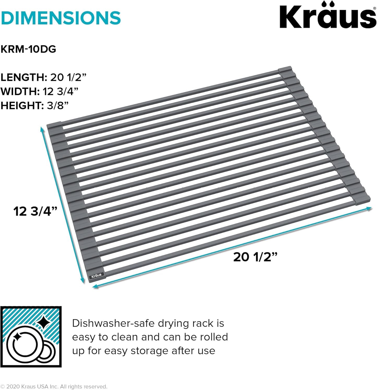 Kraus Roll Up Dish Drying Rack with Self-Draining Silicone Dish Drying Mat and Silicone Soap Dish Holder in Dark Grey, KDM-KRM-10DG