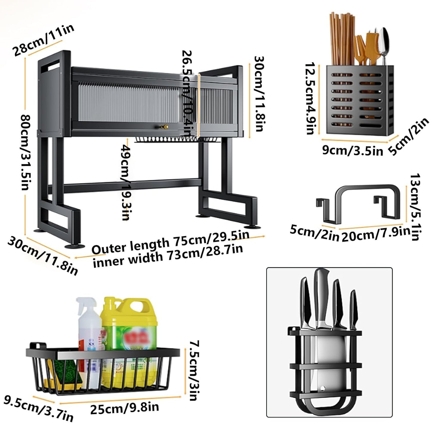 Home Furnishing Over The Sink Dish Drainer Drying Rack 3 Tier Over Sink Dish Rack for,oversink Dish Dry Rack,Space Saving Dish Drying Rack,Kitchen Sink Organizer countertop(Black,75cm/29.5in)