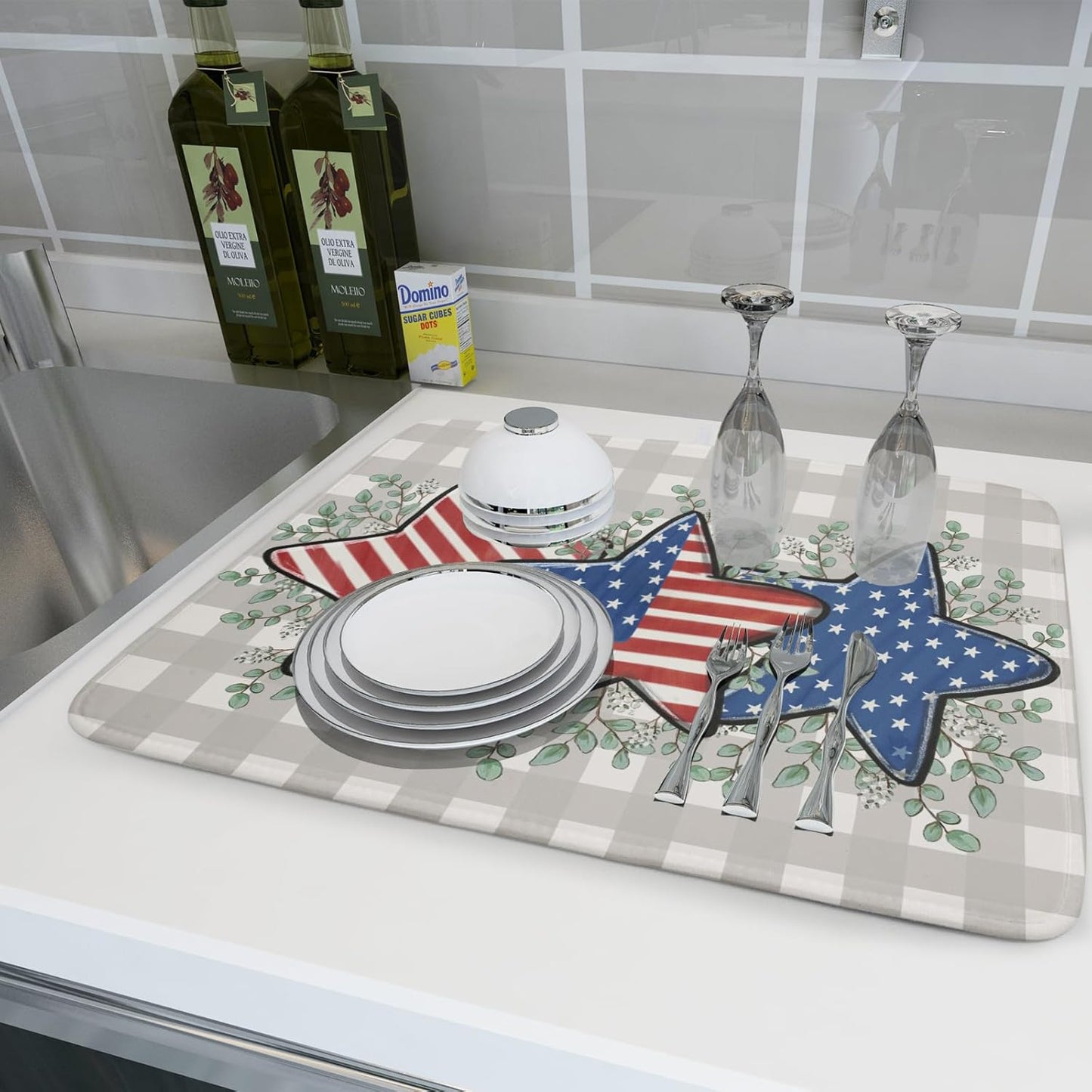 Patriotic Dish Drying Mat for Kitchen Counter Cute Stars 4th of July Holiday Absorbent Reversible Microfiber Kitchen Countertop Protector Dishes Pad Large 18x24 inch