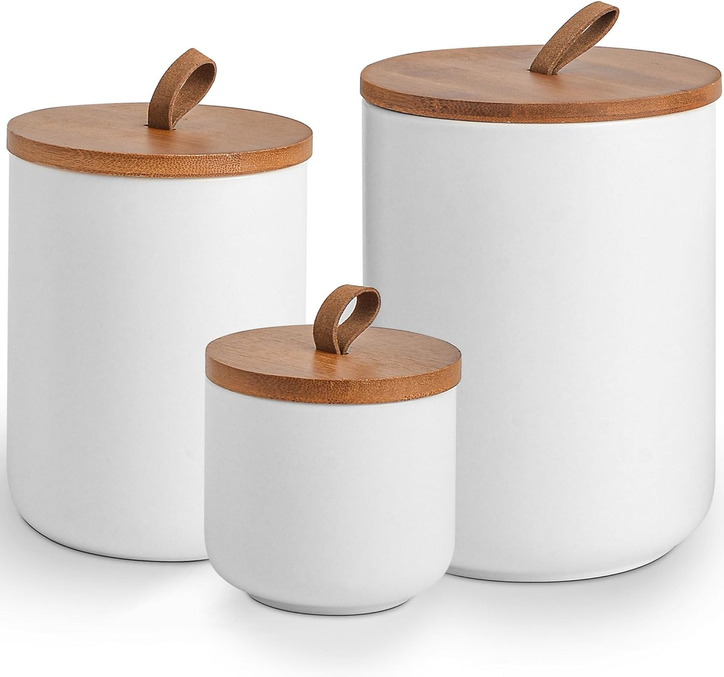 White Ceramic Canister Set with Bamboo Lids, 3-Piece Airtight Food Storage Jars for Kitchen - Flour, Sugar, Coffee, Tea, Spice - Small, Medium, Large Sizes