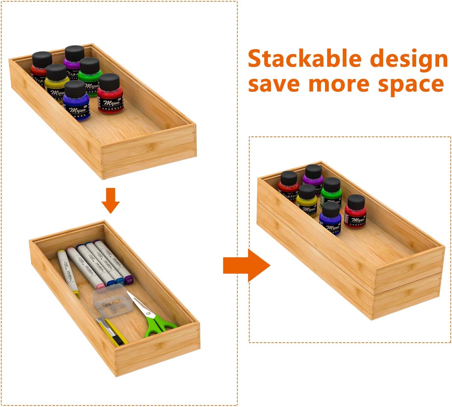 Drawer Organizer Storage Box Kitchen - Wood Stackable Tray Utensil Organizer for Office Drawers,Cabinets,Shelves,Pantry,or Bathroom Counter,Drawer Dividers for Silverware Set of 2（15x6x2.5inch）