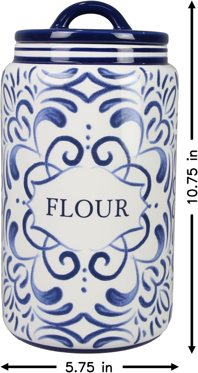 Young's Inc. 4 Pcs Set Talavera Ceramic Canisters- Storage Container for Kitchen and Bathroom - Beautiful Home Decor Accent to Store Food, Coffee, Tea, and More - White, Blue