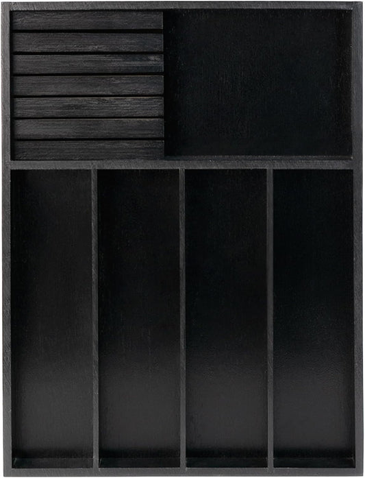 VaeFae Bamboo Silverware Organizer, Utensil Holder for Drawer, Wooden Cutlery Tray with Divider for Kitchen Drawer, Utensil Organizer with Knife Block（Black）