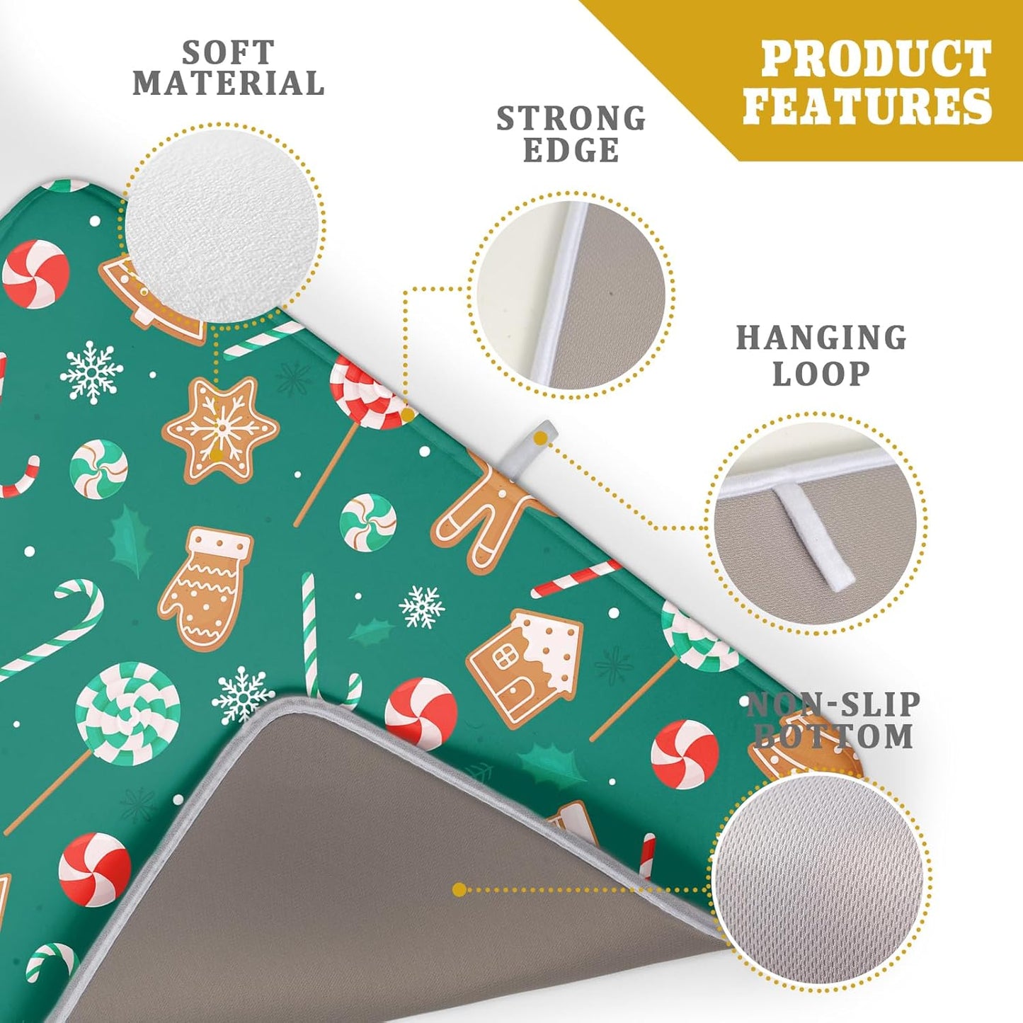 Gingerbread Dish Drying Mat for Kitchen Counter Holiday Green Super Absorbent Reversible Microfiber Kitchen Countertop Protector Dishes Pad Large 18x24 inch