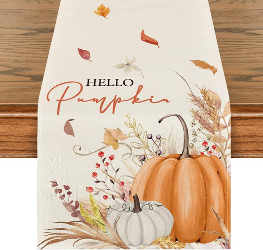 Artoid Mode Hello Pumpkin Flowers Leaves Thanksgiving Table Runner, Seasonal Fall Harvest Vintage Kitchen Dining Table Decoration for Indoor Outdoor Home Party Decor 13 x 72 Inch