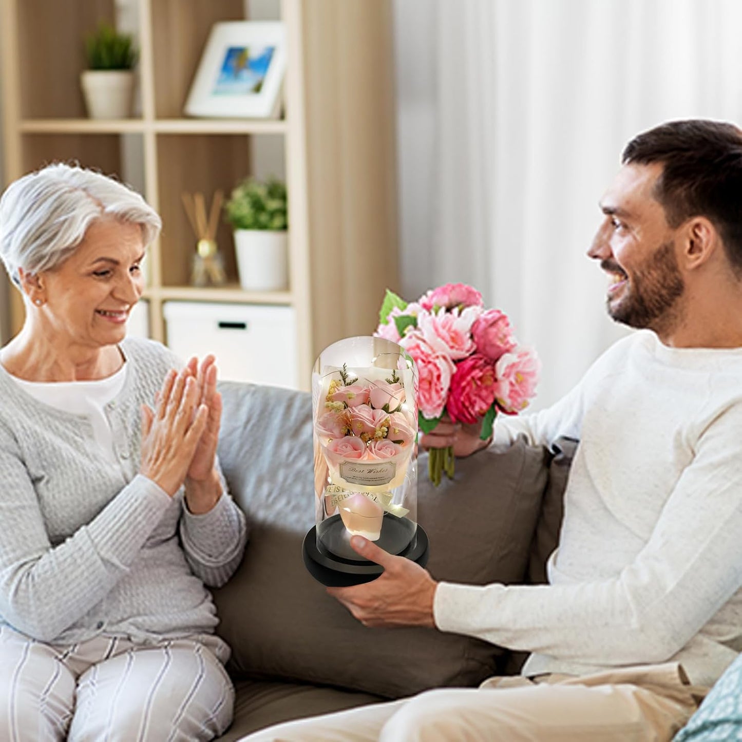 Gift for Her Forever Flower Bouquet for Delivery Prime Preserved Pink Roses Glass Dome LED Light 100 Languages I LOVE YOU Necklace Mothers Day Birthday Romantic Valentines Gift for Wife Women Mom