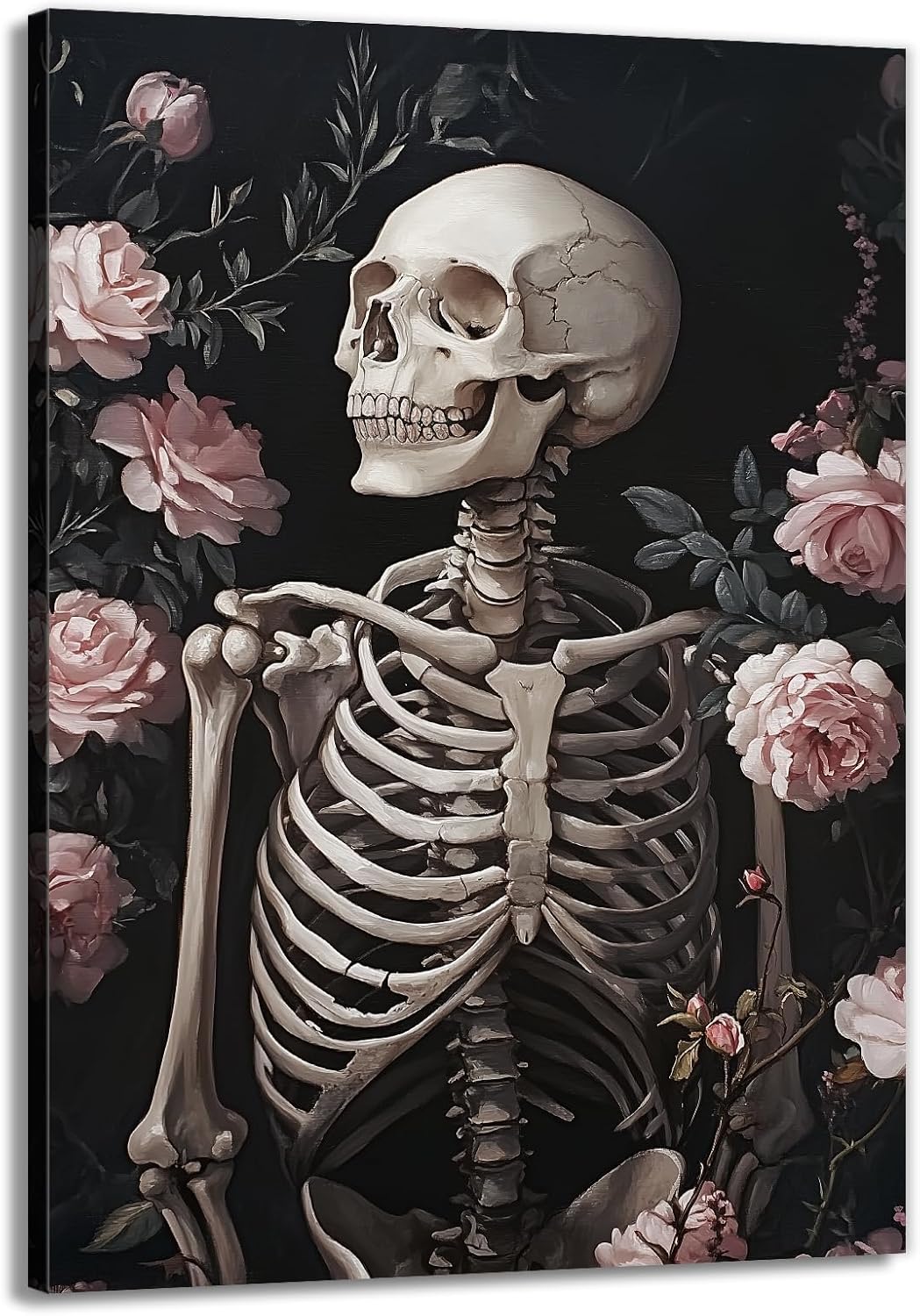 OAAPITI Skull Floral Wall Art Vintage Skeleton Portrait Canvas Print Dark Gothic Skull Art for Living Room Bedroom Home Wall Decor Ready to Hang(Artwork-10,28"x42")