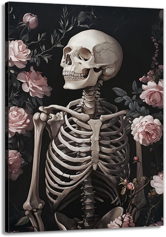 OAAPITI Skull Floral Wall Art Vintage Skeleton Portrait Canvas Print Dark Gothic Skull Art for Living Room Bedroom Home Wall Decor Ready to Hang(Artwork-10,28"x42")
