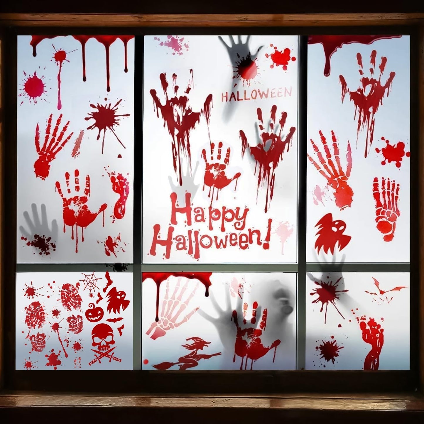 Halloween Decorations, 8 Sheet/95Pcs Halloween Bloody Handprint Footprint Wall Decal Floor Clings, Horror Handprint Home PVC Halloween Decoration Window Stickers