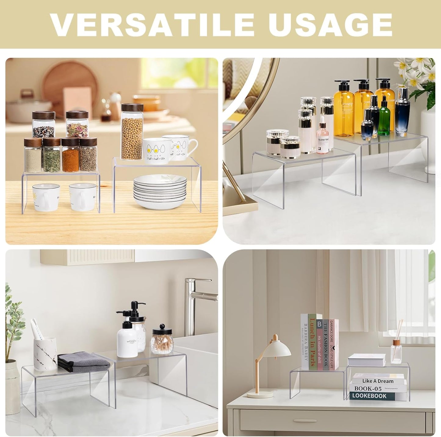 Acrylic Clear Kitchen Rack for Dishes, Spices Jars and Mugs, Kitchen Counter Cabinet Organizer, Clear Spice Rack Shelves, 5mm Thick, 2 Pack