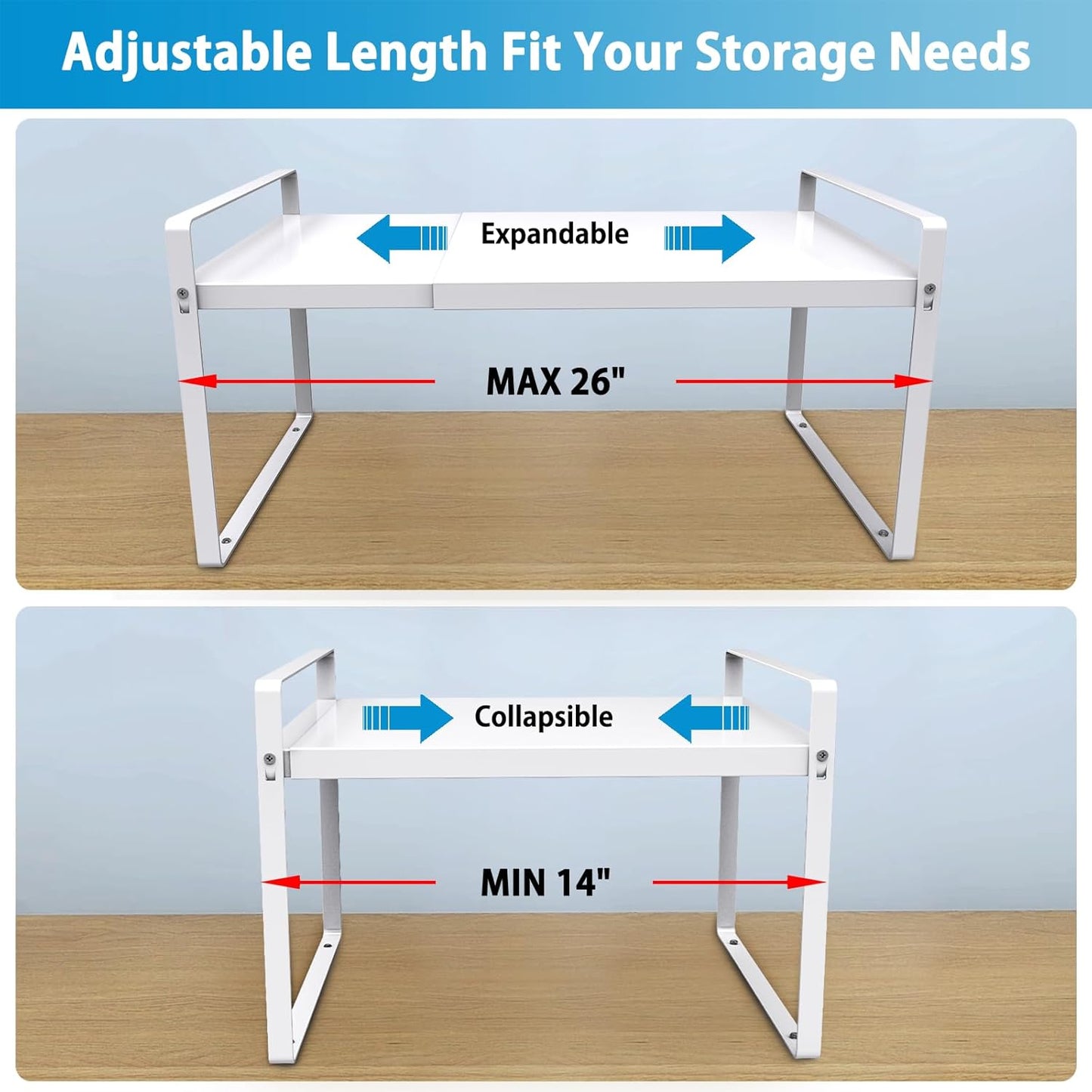 11'' Wide Expandable Cabinet Shelf Organizer Rack Adjustable Length 14''-26'' Pantry Shelf Spice Rack Heavy Duty Nonslip Kitchen Counter Storage Shelves Pantry Cupboard Under Sink Countertop White