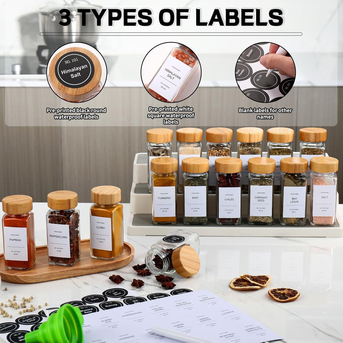 DIMBRAH Spice Jars with Label-4oz 36Pcs, Glass Spice Jars with Bamboo Lids, Container Set with White Printed Labels,Kitchen Empty Jars with Shaker Lids