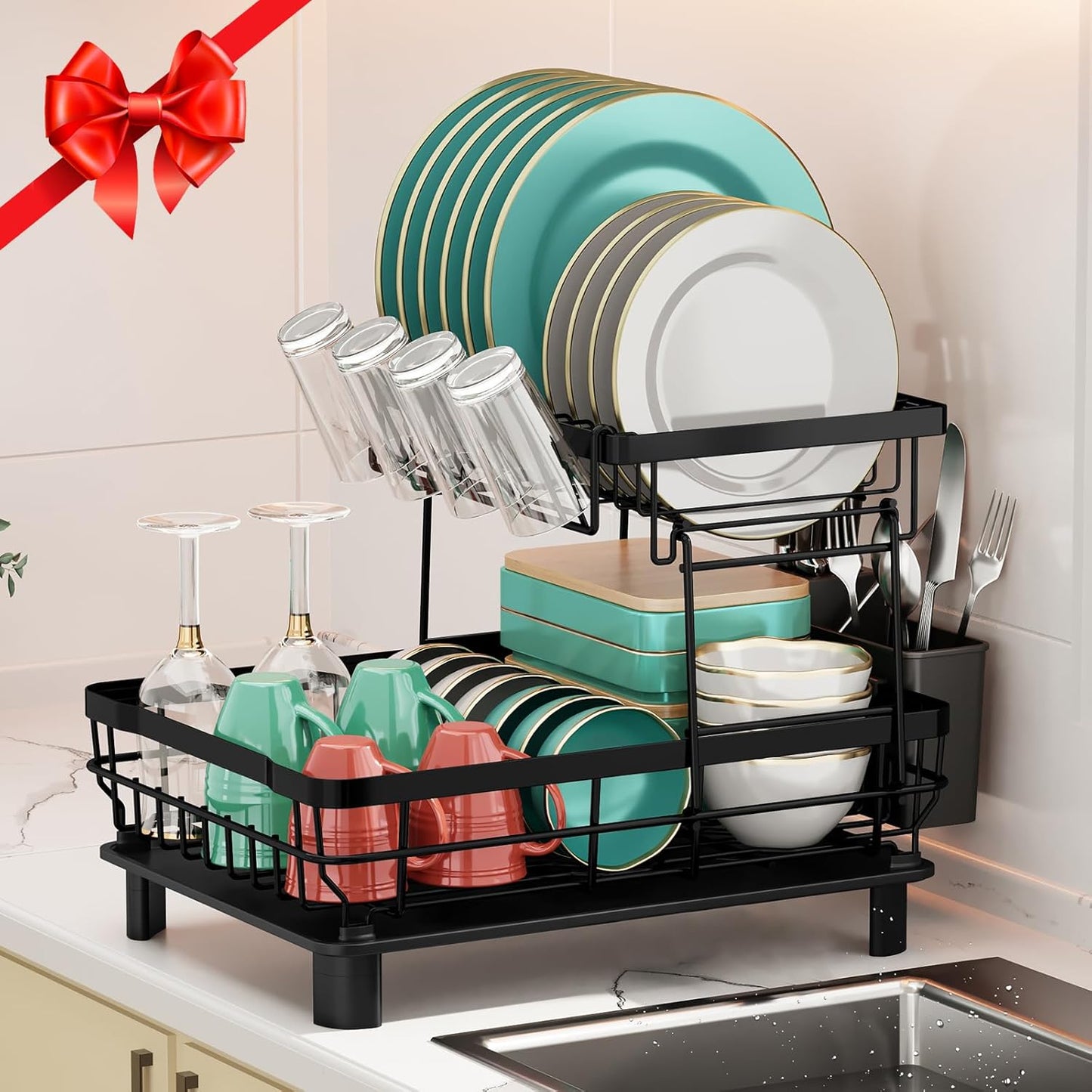 MOUKABAL Dish Drying Rack, 2 Tier Dish Rack, Large Dish Racks for Kitchen Counter, Dish Drainer with Removable Utensil Holder, Drainboard (Black)