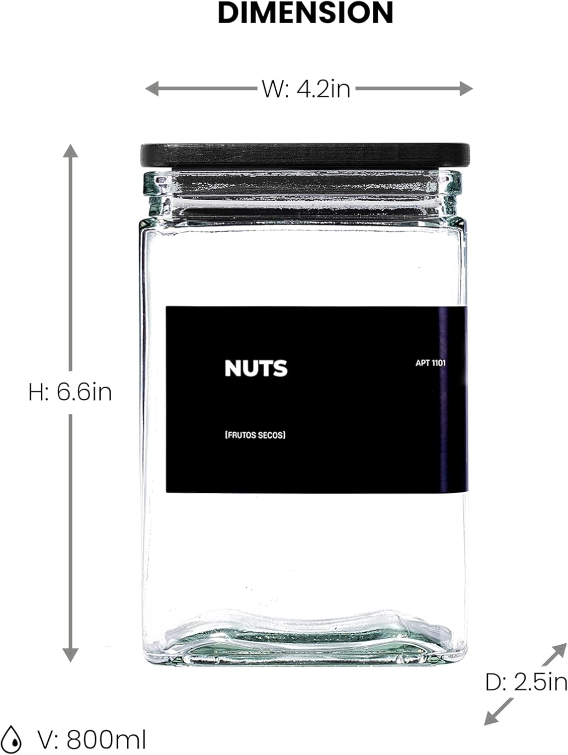 27 oz Glass Storage Jars with Bamboo Lid, set of 6, glass canisters with airtight lids, Clear jars with lids for Cookie, Candy, Tea, Coffee Bean and Rice, Black