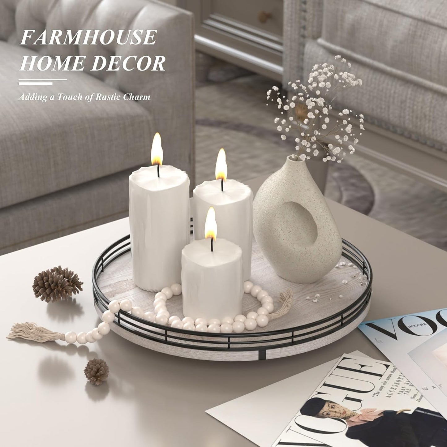 12" Farmhouse Lazy Susan for Kitchen & Coffee Table Decor – Rustic Wood Tray with Black Metal Frame, Decorative Centerpiece for Dining Room, Ottoman, Living Room, Serving or Vanity Use