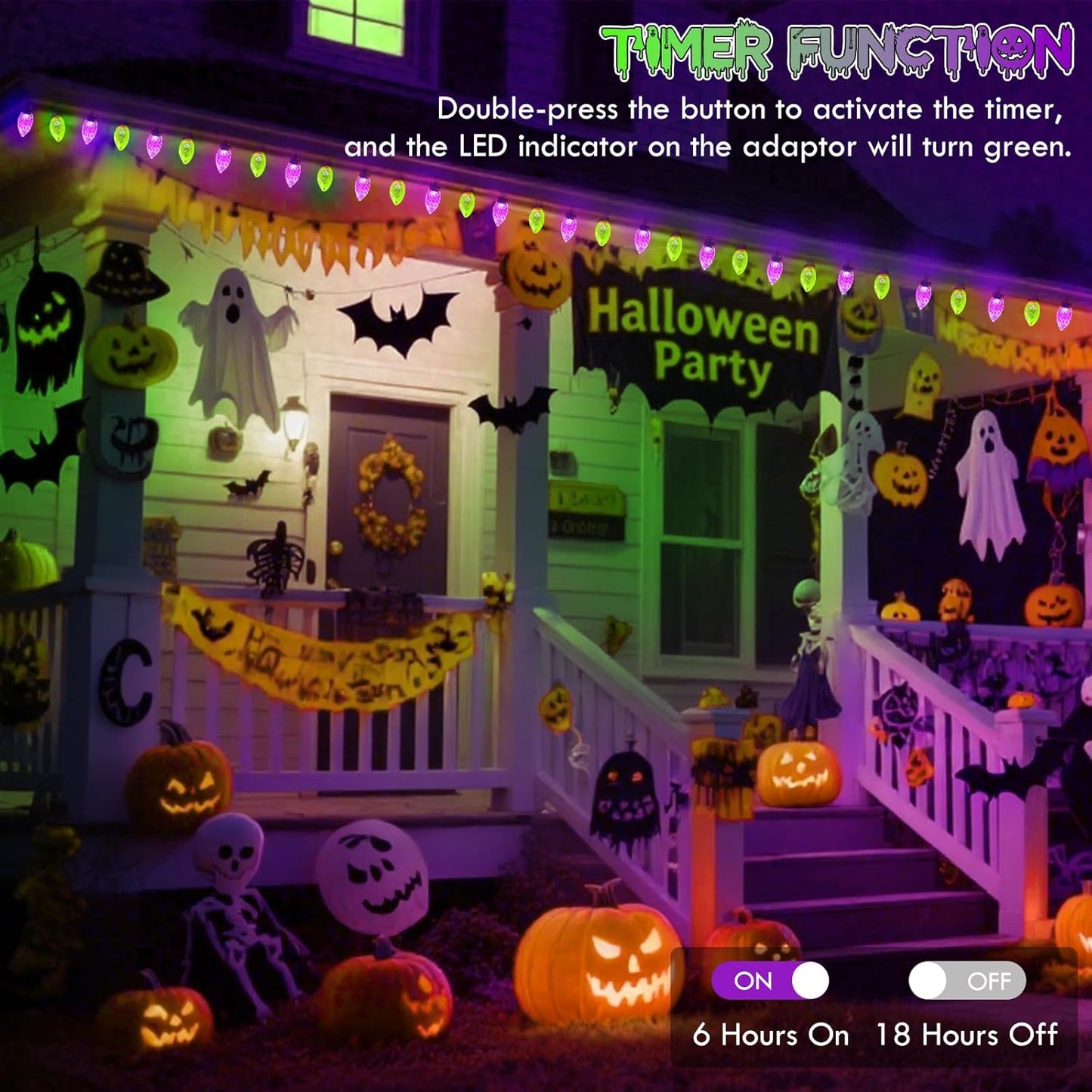 Extendable Purple and Green 2PK 100 LED C9 Halloween Lights Indoor Outdoor Waterproof, 98FT Super Bright C9 String Lights 13 Modes with Timer for Tree Patio Party Garden Halloween Decorations