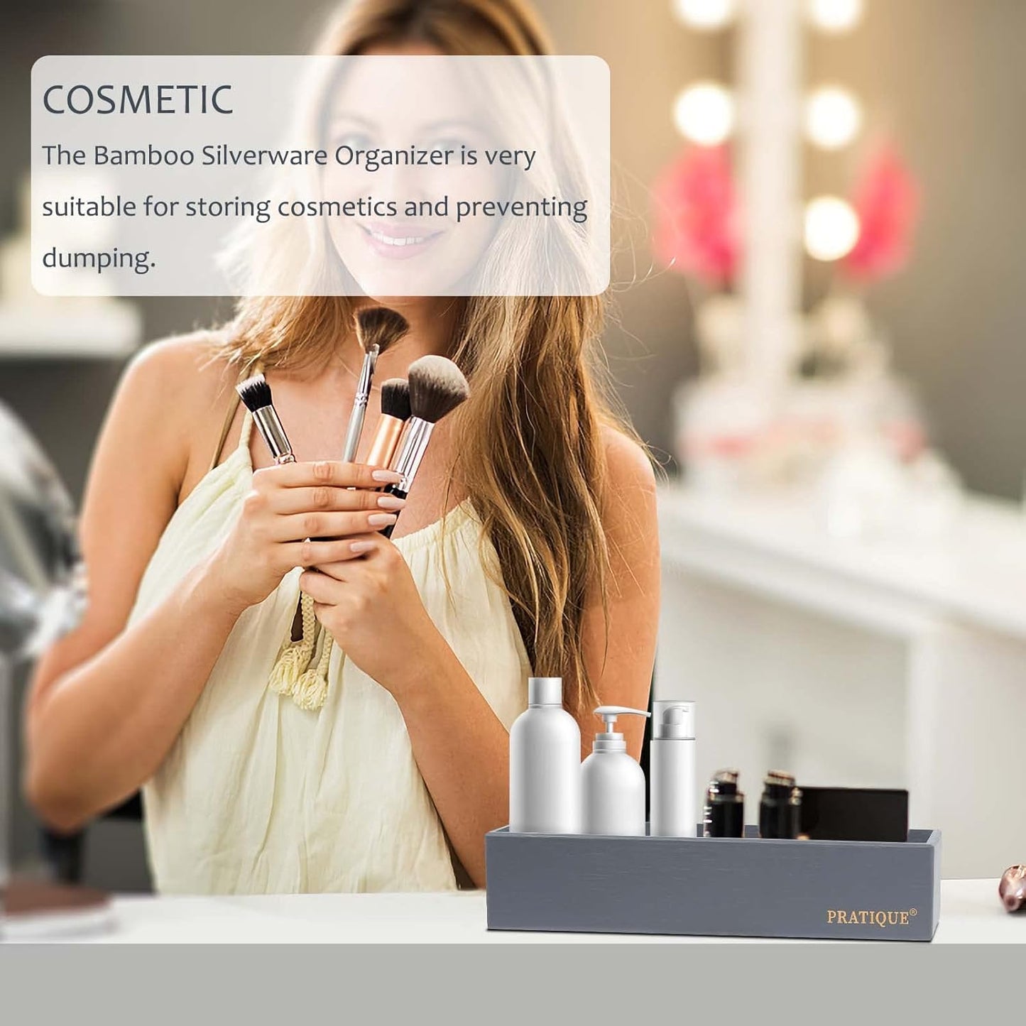 Bamboo Drawer Organizer - Kitchen Utensil Organizer Silverware Tray Cutlery Holder，Office Desk Supplies and Accessories,8.9 * 3 * 2.6,Grey