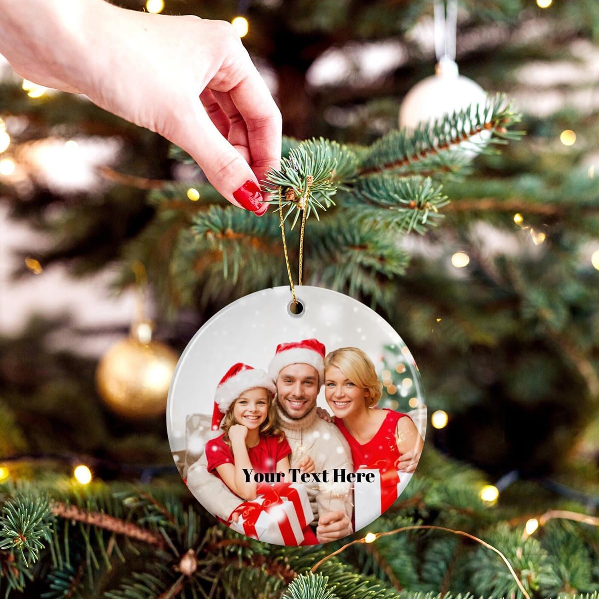 Personalized Christmas Ornaments with Photo and Text, Custom Ceramic Hanging Ornament with Picture for Christmas Tree, Customized Xmas Gift for Parents Family