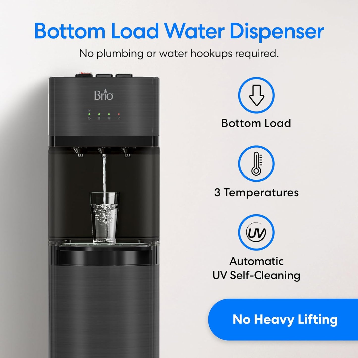 Brio Self Cleaning Bottom Loading Water Cooler Water Dispenser – Black Stainless Steel - 3 Temperature Settings - Hot, Room & Cold Water