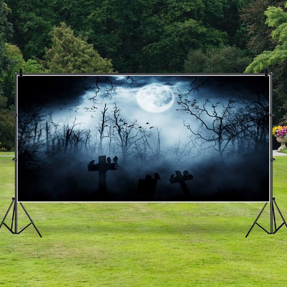 AOFOTO 20x10ft Moon Night Halloween Cemetery Photography Backdrop Flying Bats Birds Stand on Gravestone Cross Graveyard in Dark Forest Photo Background Cloth Vinyl Wallpaper Photo Studio Props