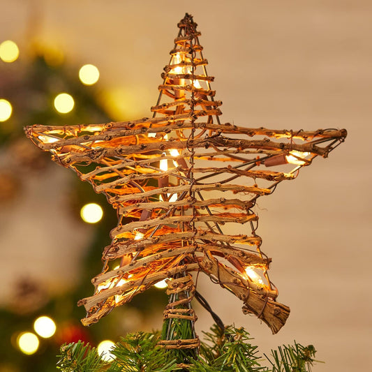 Rattan 3D Star Tree Topper - 12" Rustic Rattan Star with Built-in 10-Bulb String Lights for Christmas Tree Decoration