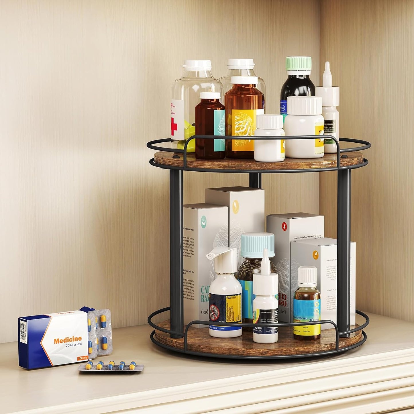 LAMU 12.2'' Wood Lazy Susan Turntable Organizer for Cabinet, 2 Tier Lazy Susan Spice Rack Organizer for Kitchen, Table Top, Countertop, Pantry, Bathroom